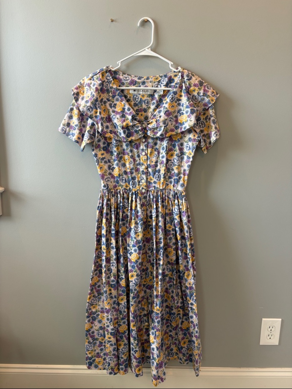 Yellow & Purple Floral Midi Dress with Ruffle Neckline